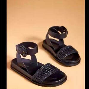 Anthropologie Woven Mule Sandals Womens 38 Strap Strappy Buckle Black Leather